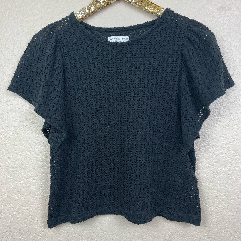 Texture & Thread Eyelet Flutter-Sleeve Top - image 1